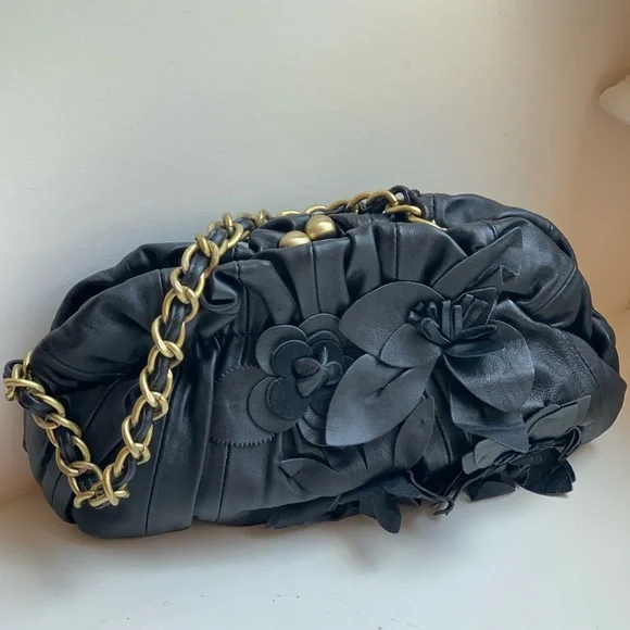 Adrienne Vittadini Black Leather Bag Purse with Leather Flowers - Picture 4 of 11